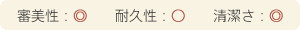 審美性：二重丸、耐久性：丸、清潔さ：二重丸